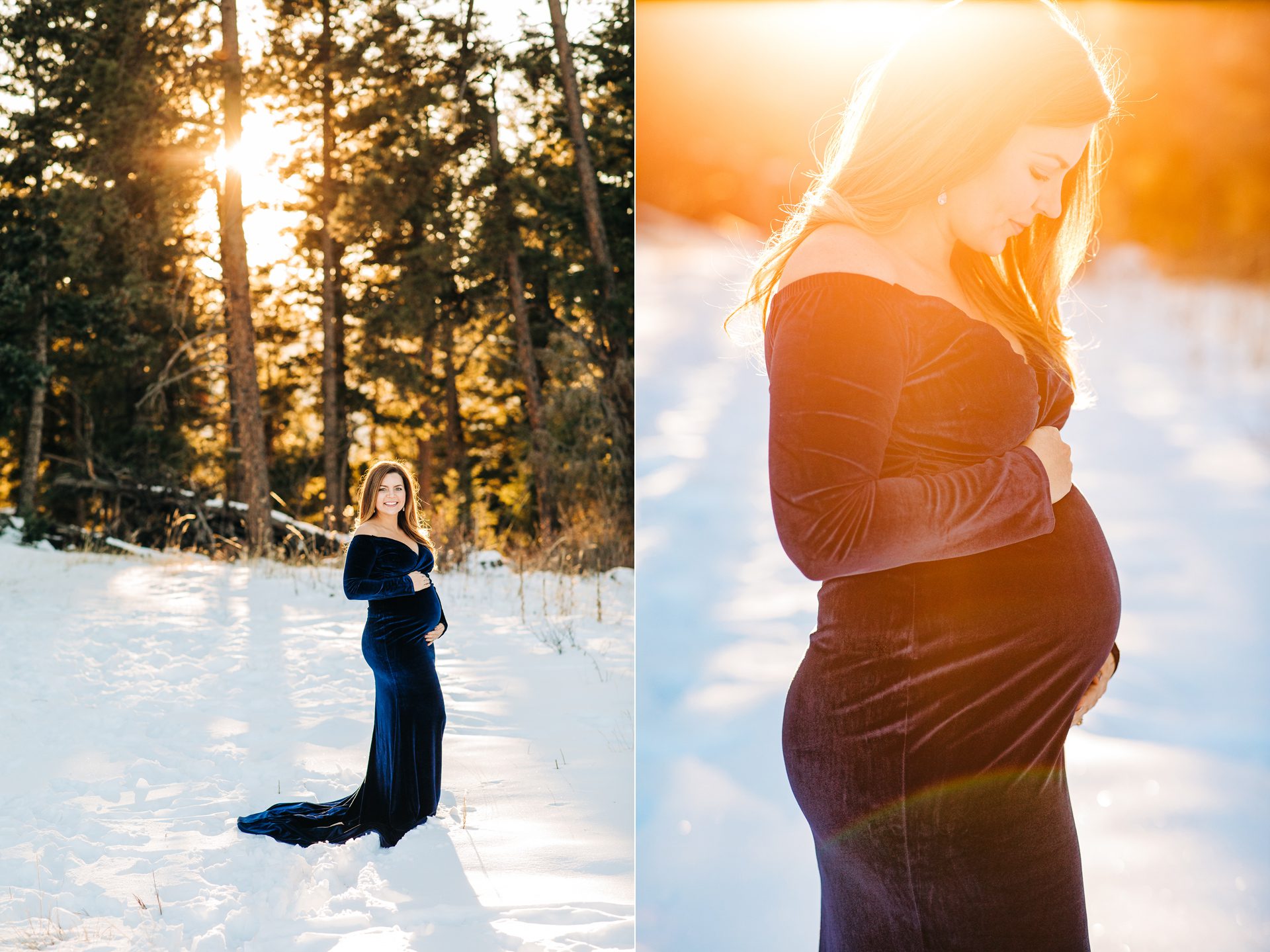 Colorado maternity photographer, winter maternity, golden hour, maternity gown, denver maternity photographer, pregnancy, pregnancy photos