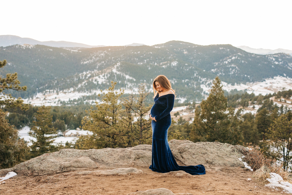 Colorado maternity photographer, winter maternity, golden hour, maternity gown, denver maternity photographer, pregnancy, pregnancy photos, mount Falcon, Indian Hills, maternity
