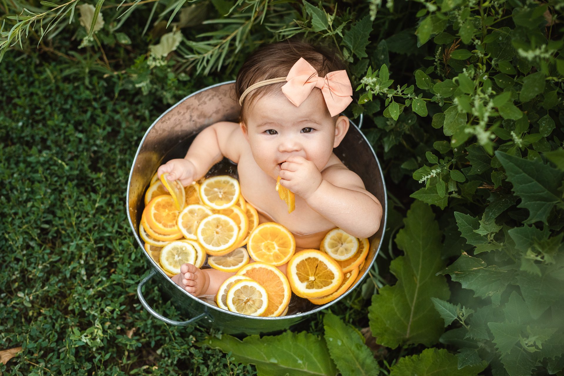 fruit bath, 9 month baby photos, milestone photography, citrus fruit bath