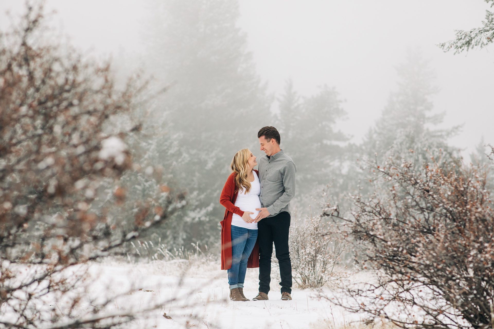 Winter maternity photos with pop of red